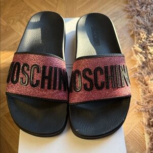 Moschino Black & Pink Glitter Logo Slide Sandals